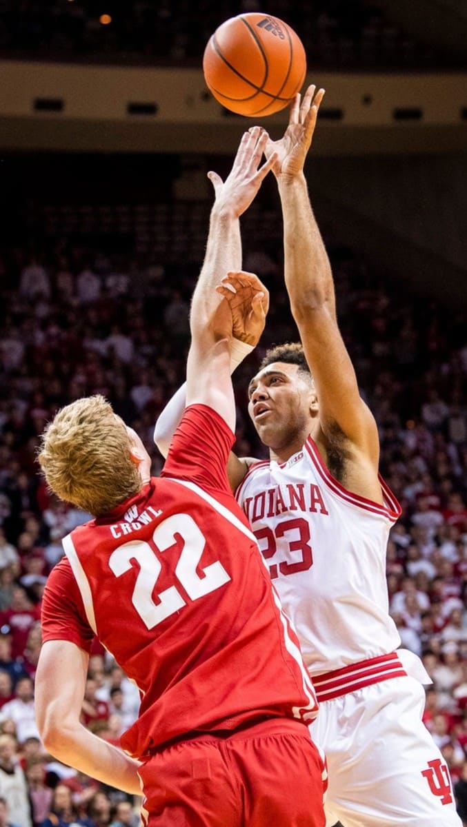 Indiana's Trayce Jackson-Davis (23) shoots over Wisconsin's Steven Crowl (22) on Saturday (USA TODAY Sports)